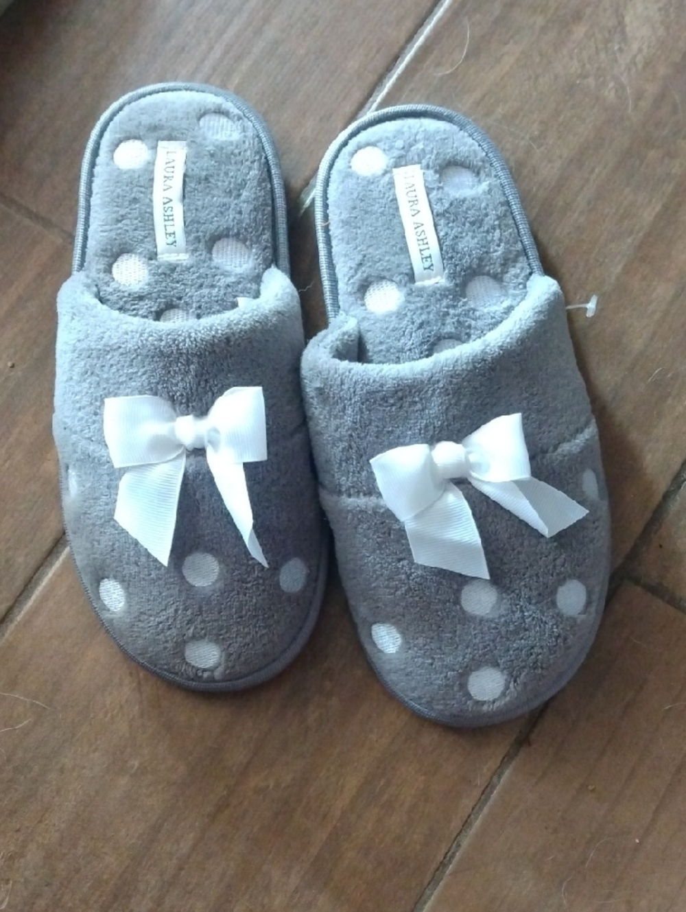 Laura Ashley Gray Polka Dot Bow Slippers